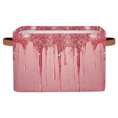 OMFUNS Pink Gold Glitter Rectangle Storage Basket Foldable Storage Bin Cubes with Handles Large Organizer Bins Boxes Toy Closet Shelf Nursery Laundry Basket, 1 Pcs