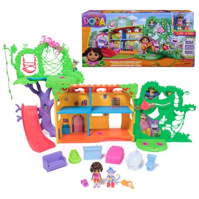 Dora - Interactive House Tropical Forest - 2 figurines and 8 accessories - Music and sound effects - Bilingual French English - Toy for cartoon dolls house - Toy for children from 3 years old