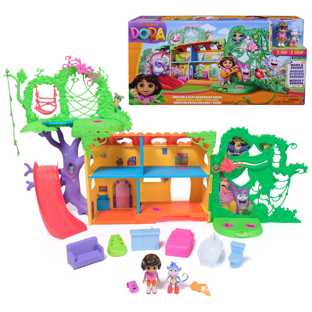 Dora - Interactive House Tropical Forest - 2 figurines and 8 accessories - Music and sound effects - Bilingual French English - Toy for cartoon dolls house - Toy for children from 3 years old