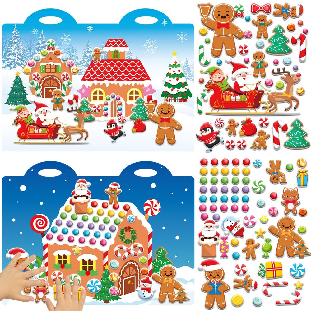 100 Christmas Gingerbread House 3D Puffy Sticker Activity Book for Toddlers Kids Reusable Christmas Stickers Gingerbread House Xmas Craft Winter Holiday Window Decals Ages 4+ Gifts Toys Supplies Favor