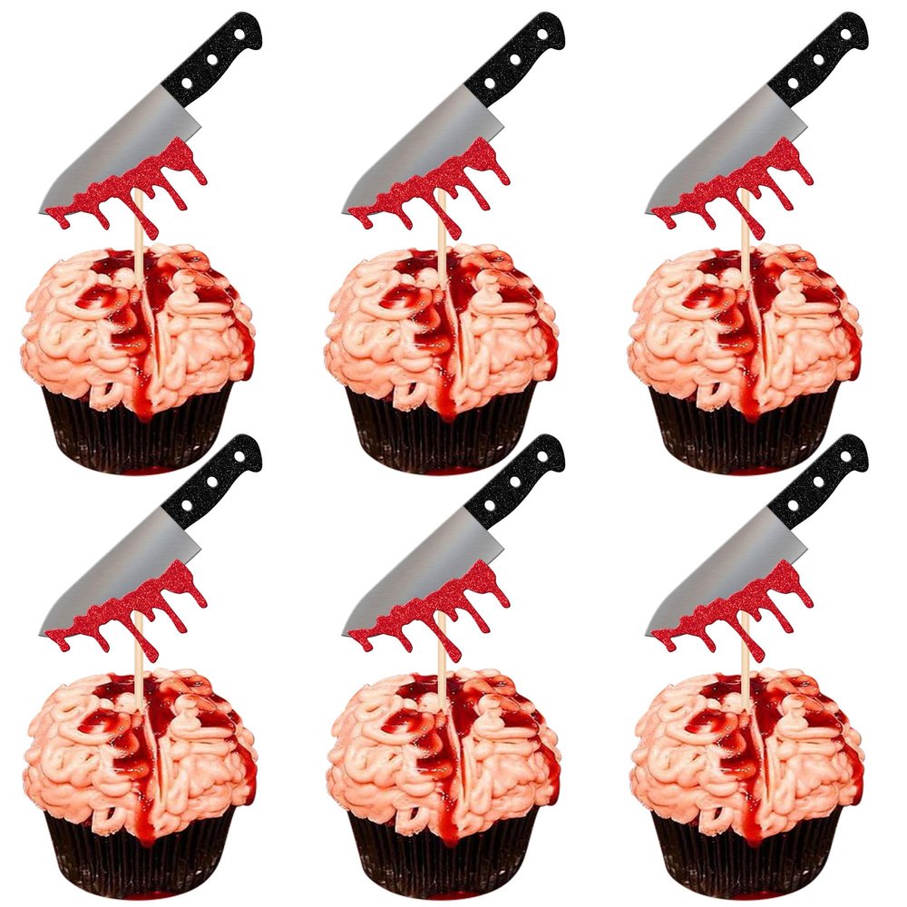 24 PCS Halloween Knife Cupcake Toppers Horror Blood Knife Cupcake Picks Have a Killer Birthday Cupcake Decorations for Halloween Bloody Knife Theme Birthday Party Cake Decorations Supplies