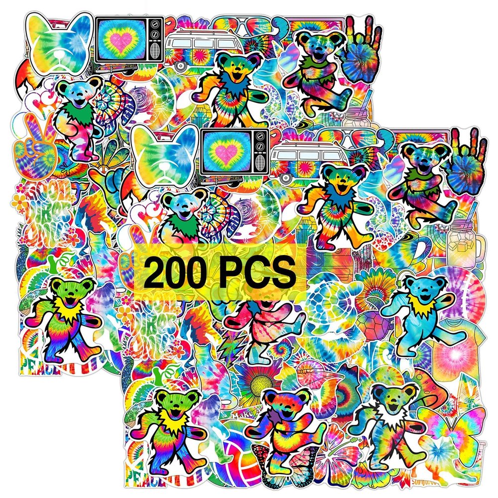 Babymiu Tie Dye Rainbow Hippie Psychedelic Stickers200 Pcs Cool Hippie Vinyl Decals Gifts Merch Gifts Party Supplies for Water Bottles Skateboard Luggage Scrapbook Kids Teens Adult