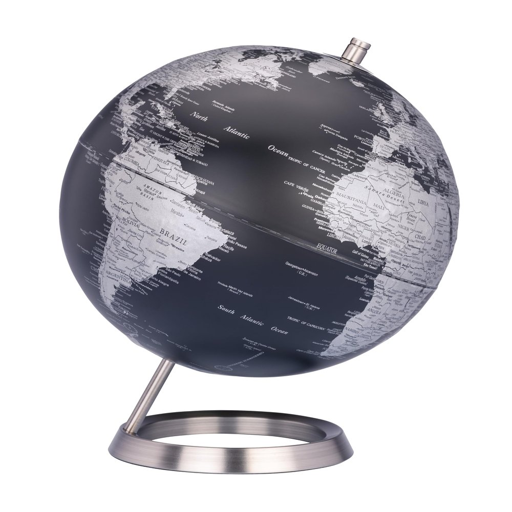 TROIKA Globe 23.5 DEGREES matt globe black seas & silver-coloured land areas 25 genuine map relief chrome-plated metal base in brushed look, soft felt base