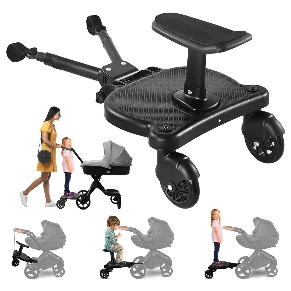 Universal Stroller Board with Detachable Seat, 2-in-1 Stroller Ride-On Board for Toddler, Fits Most Stroller Brands, Sit and Stand Stroller Attachment, Holds Up to 55 lbs for Kids Ages 3-7