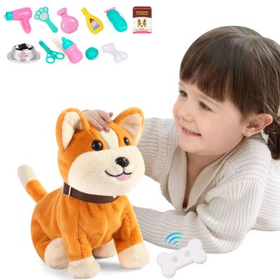 Kindenwinn Interactive Plush Dog Toy for Kids 3+, Voice Activate, Walking, Sitting, Barking Corgi Puppy with Accessories, Realistic Stuffed Animal Gift for Girls 3-6 Years Old