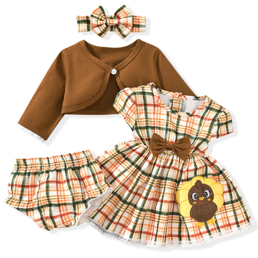 0-3 Months Baby Girl Thanksgiving Clothes Dress Set Infant Girls Turkey Outfit Plaid