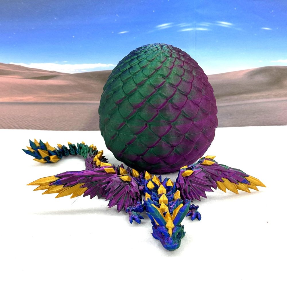 Crystal Winged Dragon With Egg, 3D Printed Articulated Wings, Red Green Blue Gold, Fidget ADHD Autism Toy CW001-RGBGD