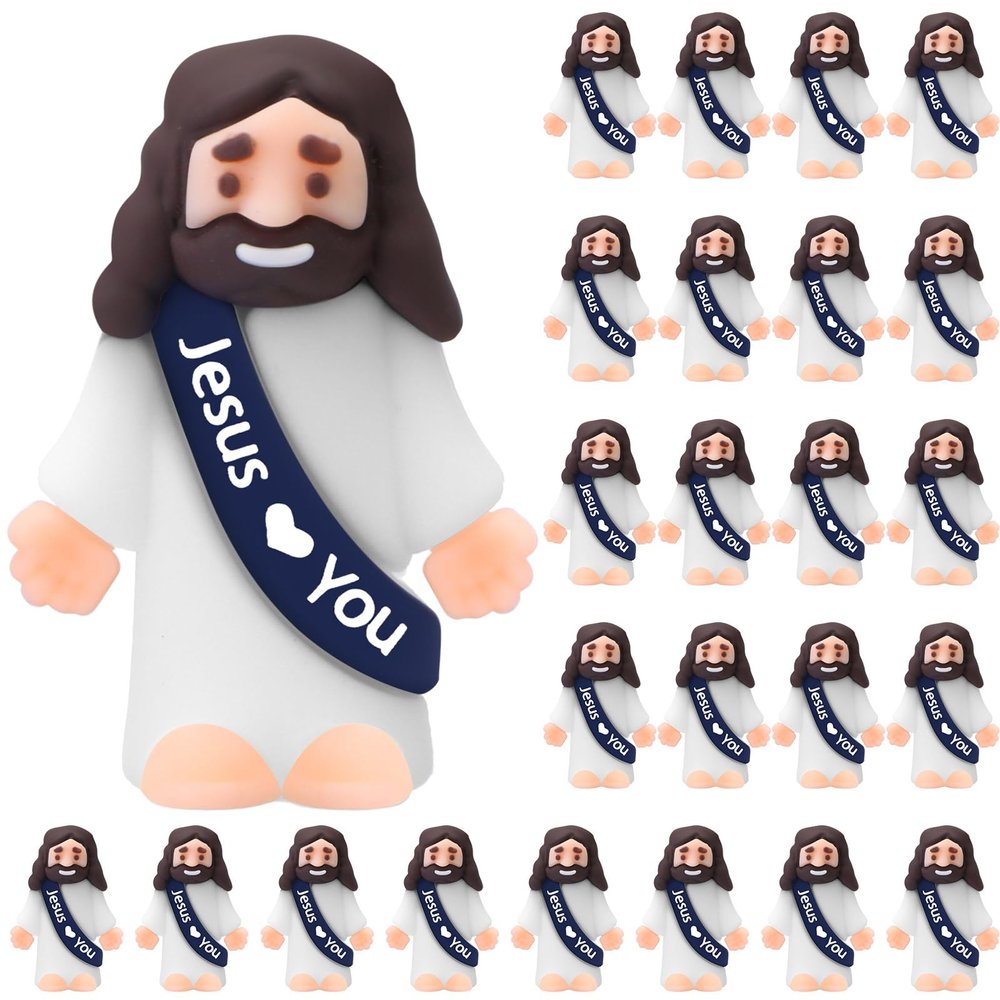Bememo 25 Pcs Little Jesus Figures,Original Design Jesus Love You Rubber Religious Toys for Easter,Easter Basket Stuffers,Christian Party Favors Sunday School Baptism Church Gift(Navy Blue)