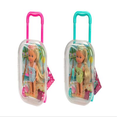 Evi Love Travel, 2 Assorted Colours, Only One Item Delivered, Toy Doll in Rolling Suitcase, She Wearing a Swimsuit with Ruffles Including Sunglasses and Ice Cream, 12 cm, from 3 Years