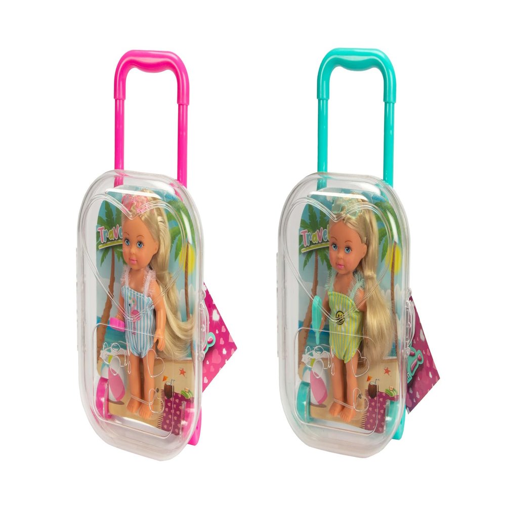 Evi Love Travel, 2 Assorted Colours, Only One Item Delivered, Toy Doll in Rolling Suitcase, She Wearing a Swimsuit with Ruffles Including Sunglasses and Ice Cream, 12 cm, from 3 Years