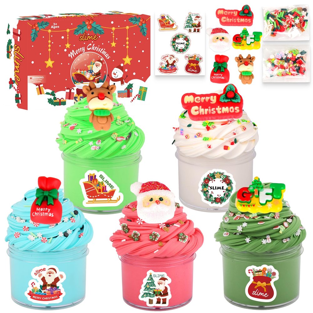 5 Pack Christmas Butter Slime Kit for Party Favors, DIY Xmas Slime Toys with Charms for Kids, Christmas Stocking Stuffer for Boys Girls