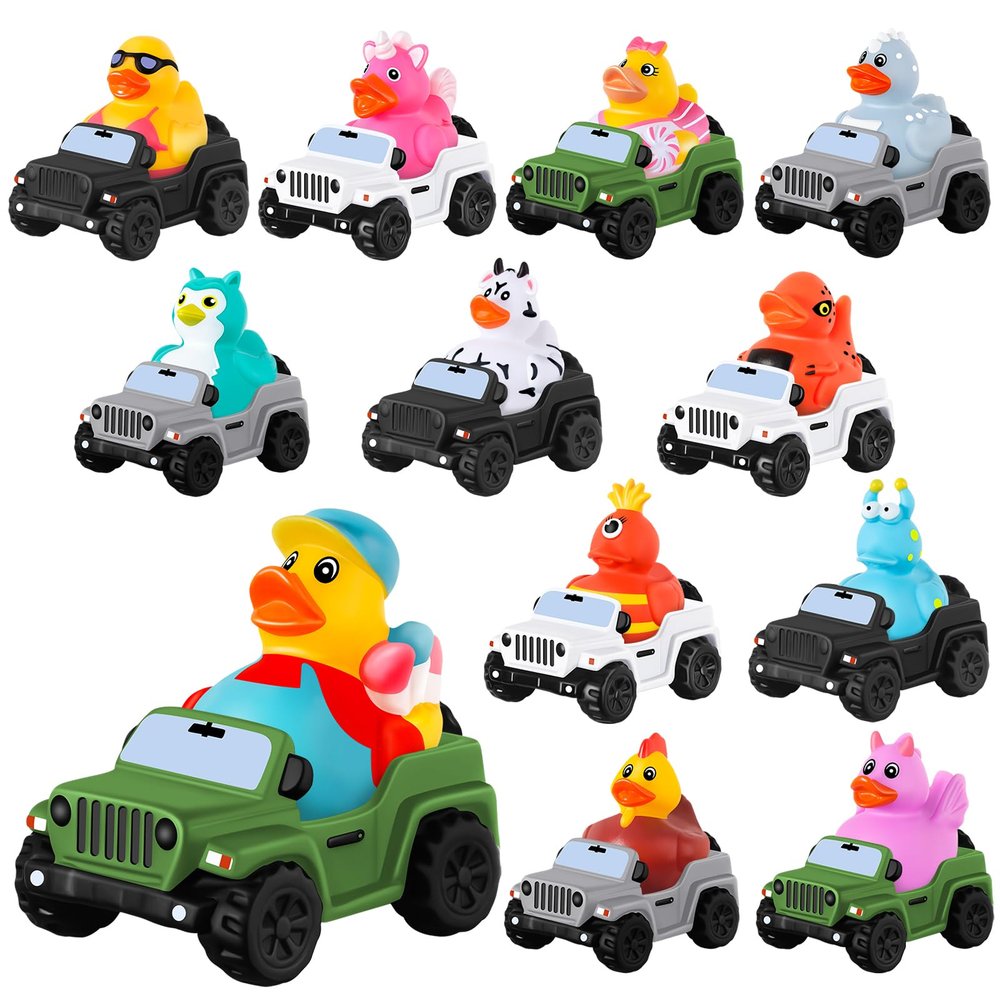 24 Pcs Rubber Ducks for Jeeps, 3.5 Inch Rubber Cars for Ducking Suitable for 2 Inch Ducks, 12 Ducks Assortment with 12 Cars, Baby Bath Toy Valentines Day Gifts for Kids Party Favors