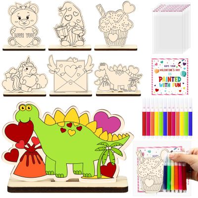 24 Pack Valentine's Day Painting Gifts Set Wooden Art Painting Craft with Mini Watercolor Pencil Valentine's Day Cards and Packaging Bag DIY Valentines Crafts for School Classroom Exchange Party Gifts