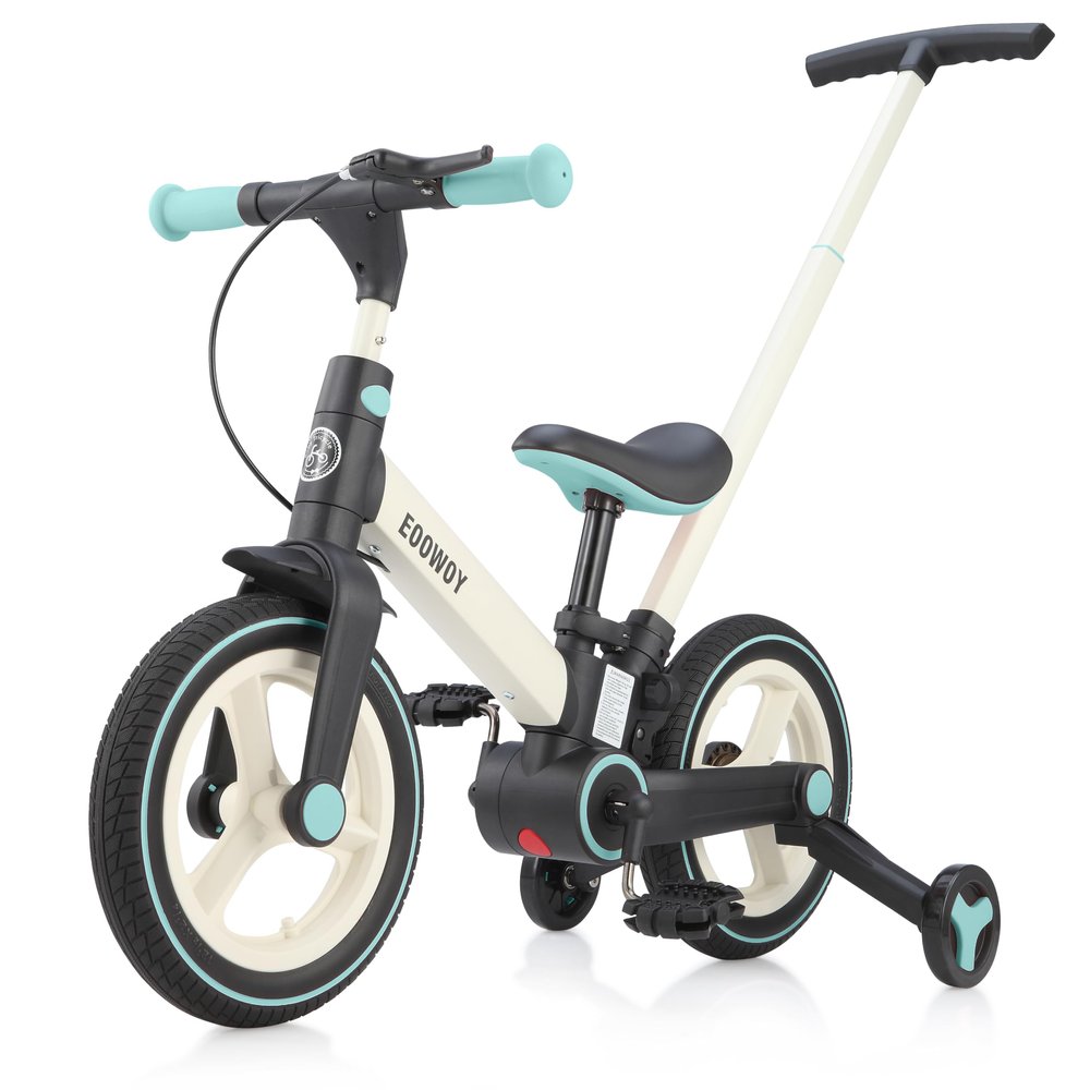 EOOWOY Balance Bike with Push Handle for Kids 18-60 Months, 6 in 1 Foldable Push Bike with Training Wheels & Pedals, Balance Bicycle for Boys and Girls with Brakes & Kickstand, Mint