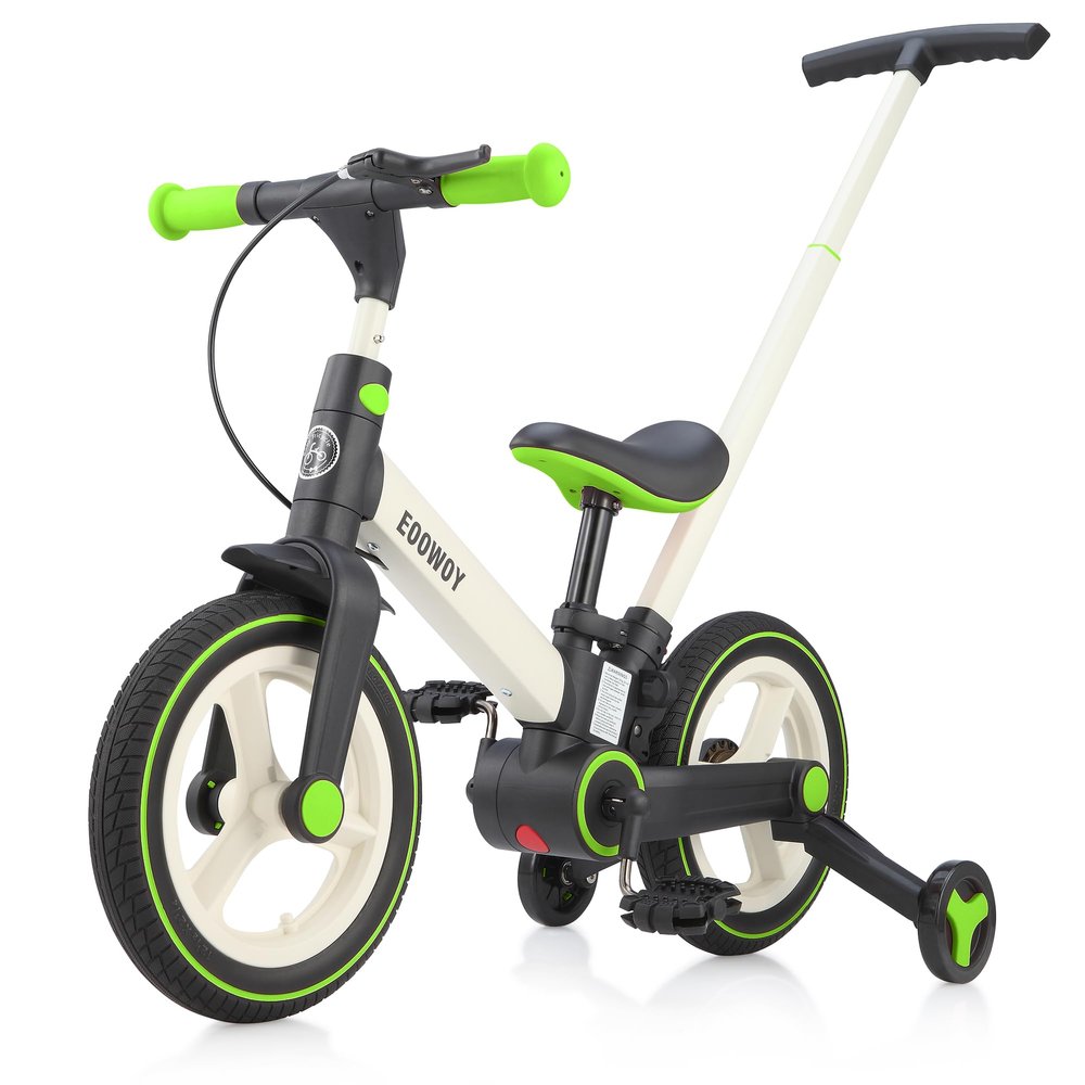 EOOWOY Balance Bike with Push Handle for Kids 18-60 Months, 6 in 1 Foldable Push Bike with Training Wheels & Pedals, Balance Bicycle for Boys and Girls with Brakes & Kickstand, Green