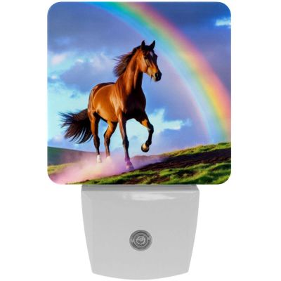 NEWzone Rainbow Horse Running Night Light for Kids 2 Pack, LED Plug into Wall Lights Dusk-to-Dawn Sensor, Nursery Nightlight for Kids Room, Bathroom, Bedroom Decor