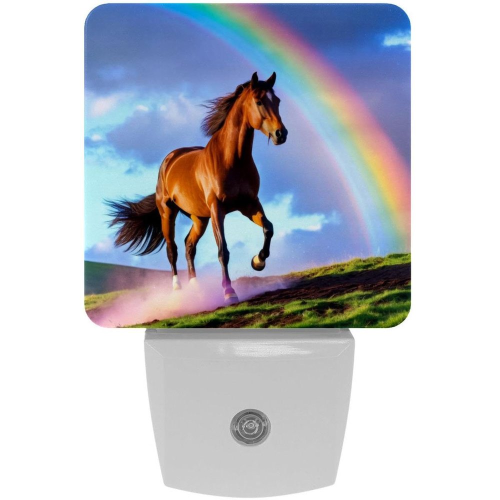 NEWzone Rainbow Horse Running Night Light for Kids 2 Pack, LED Plug into Wall Lights Dusk-to-Dawn Sensor, Nursery Nightlight for Kids Room, Bathroom, Bedroom Decor