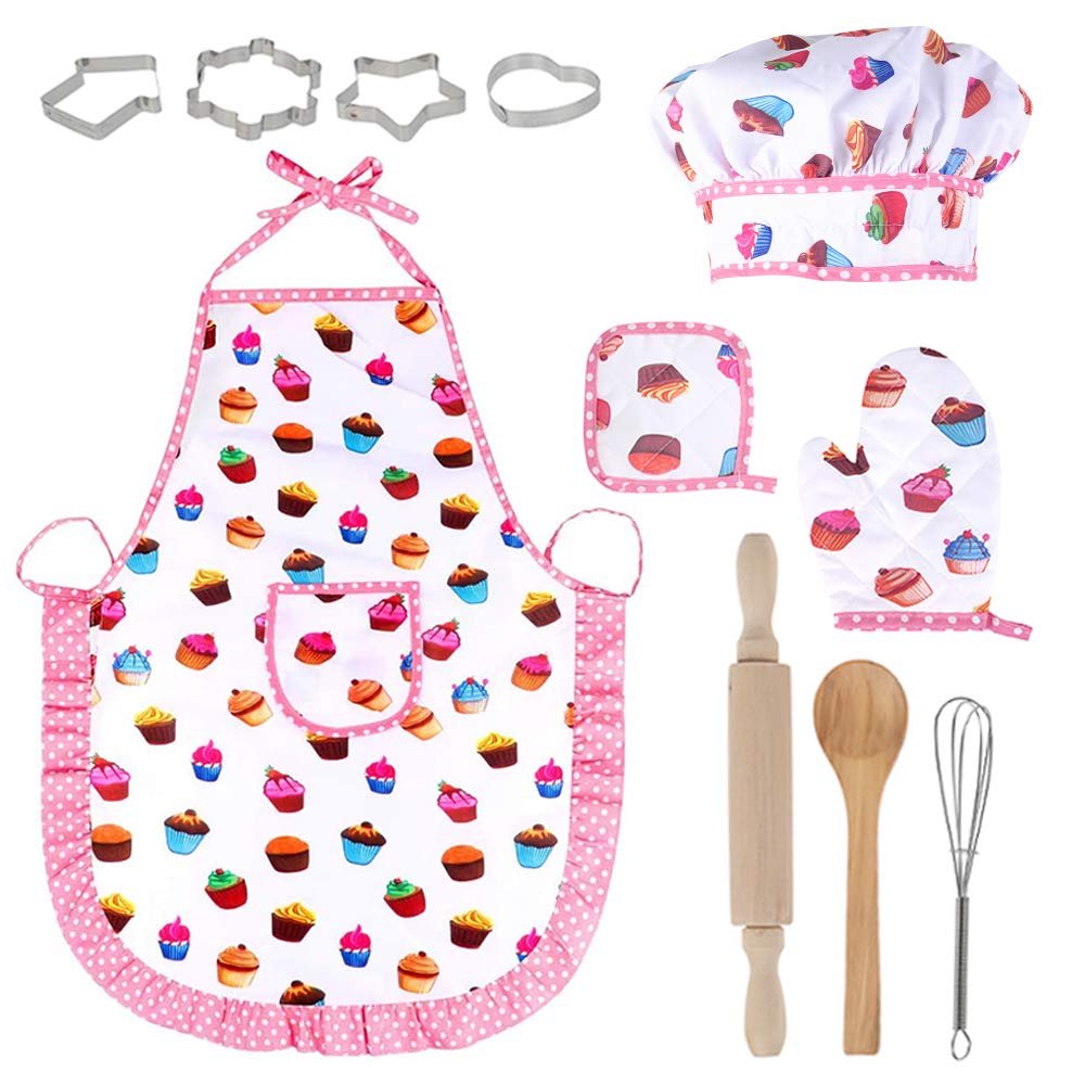 Chef Set for Kids,Kids Baking Sets,Kids Apron and Chef Hat Set,Kids Basic Cooking and Baking Sets,Cute Kids Cooking and Baking Set Keep Cloth Clean Chef Costume Set for Home Ktichen Cooking Baking