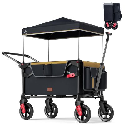EVER ADVANCED Wagon Stroller for 2 Kids, Compact One-Step Fold Stroller Wagon with Adjustable Push/Pull Handles, Folding Wagon for Travel, Park & Beach, Includes Removable UV Canopy, Black Yellow