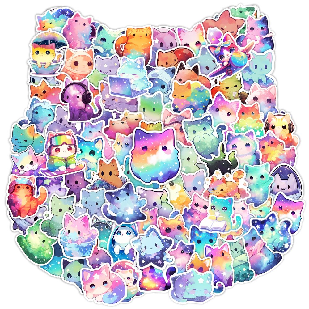 100Pcs Starry Cute Cat Stickers for Laptop, Kawaii Kitty Sticker for Kids Adults, Waterproof Vinyl Decal for Water Bottle,Luggage,Skateboard,Phone, Rainbow Cat Party Favors