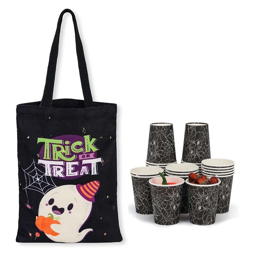 ATFUNSHOP Halloween Paper Cups Black Spider and Halloween Tote Bag Ghost Pattern