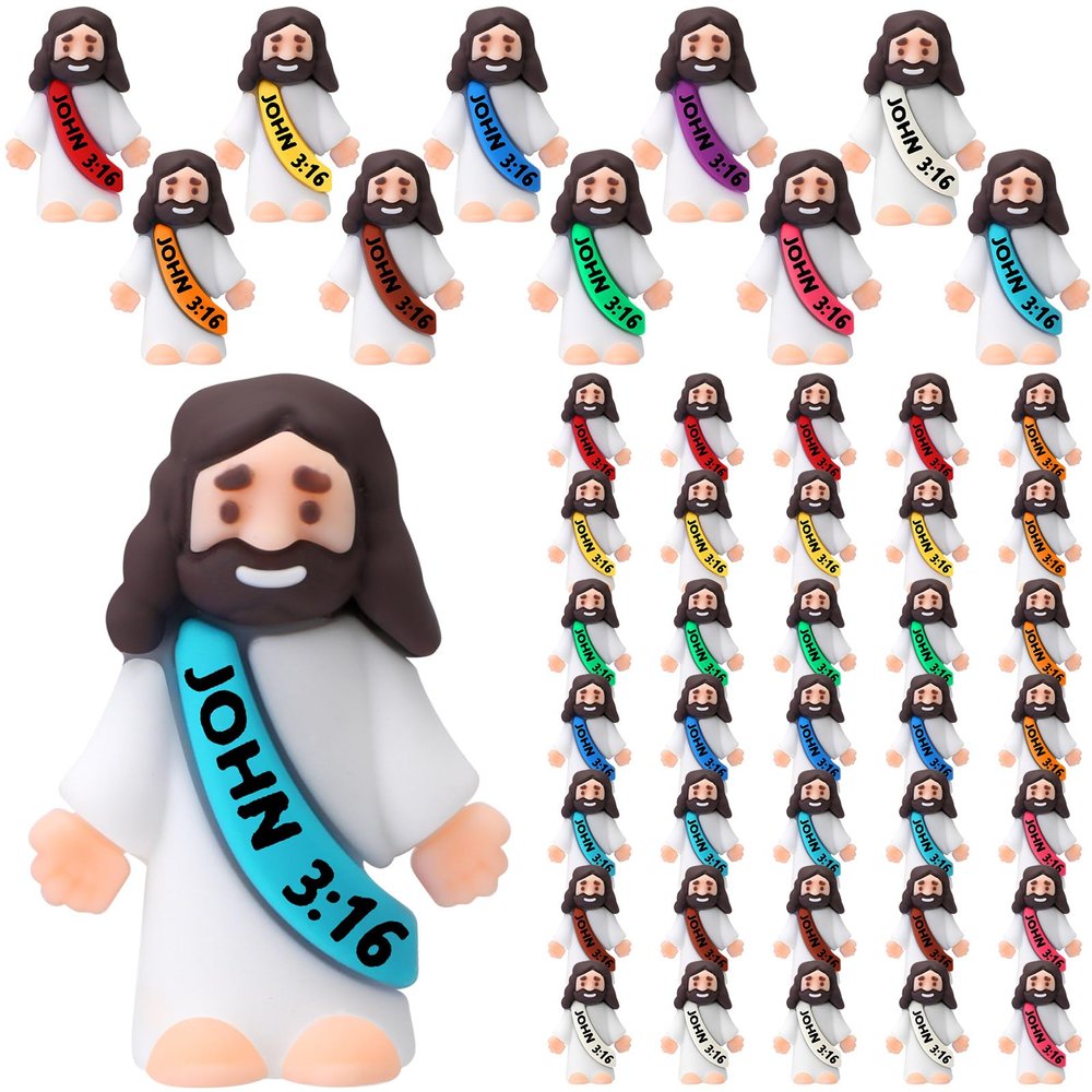 Bememo 50 Pcs Little Jesus Figures Original Design Rubber Mini Jesus Toys for Hide and Seek Religious Party Favors Easter Egg Stuffers Sunday School Craft Baptism Gifts(John 3:16)