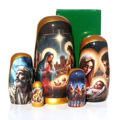 KaleaBoutique Collectible Long Lasting Christmas Nativity Russian Style 5 Piece Nesting Dolls Gift Set Martyoshka Doll - Impressionism Style, 5.75 Inches Tall - Includes Glossy Gift Box.