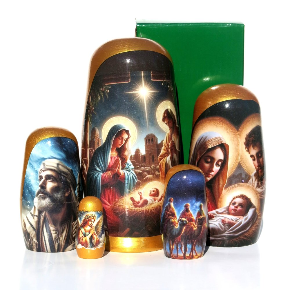 KaleaBoutique Collectible Long Lasting Christmas Nativity Russian Style 5 Piece Nesting Dolls Gift Set Martyoshka Doll - Impressionism Style, 5.75 Inches Tall - Includes Glossy Gift Box.