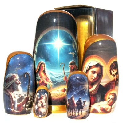 KaleaBoutique Christmas Nativity 5 Piece Russian Style Nesting Dolls Gift, Traditional Wooden Stacking Doll in Doll Set - Realism Style, 5.75 Inches Tall - Includes Glossy Gift Box