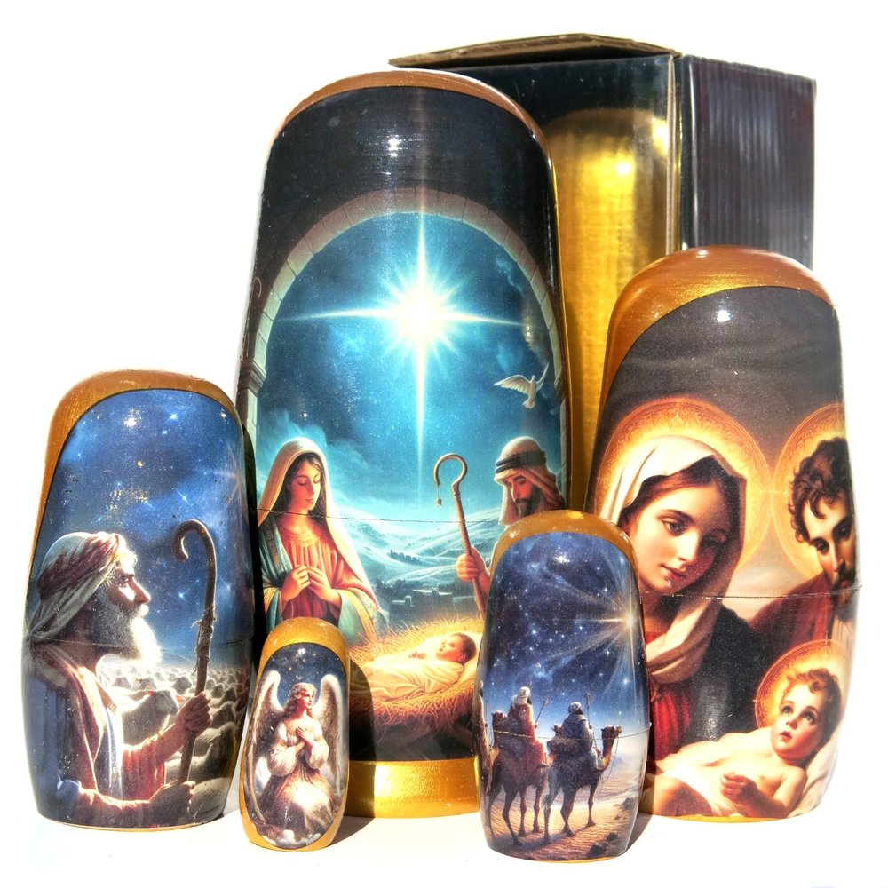 KaleaBoutique Christmas Nativity 5 Piece Russian Style Nesting Dolls Gift, Traditional Wooden Stacking Doll in Doll Set - Realism Style, 5.75 Inches Tall - Includes Glossy Gift Box