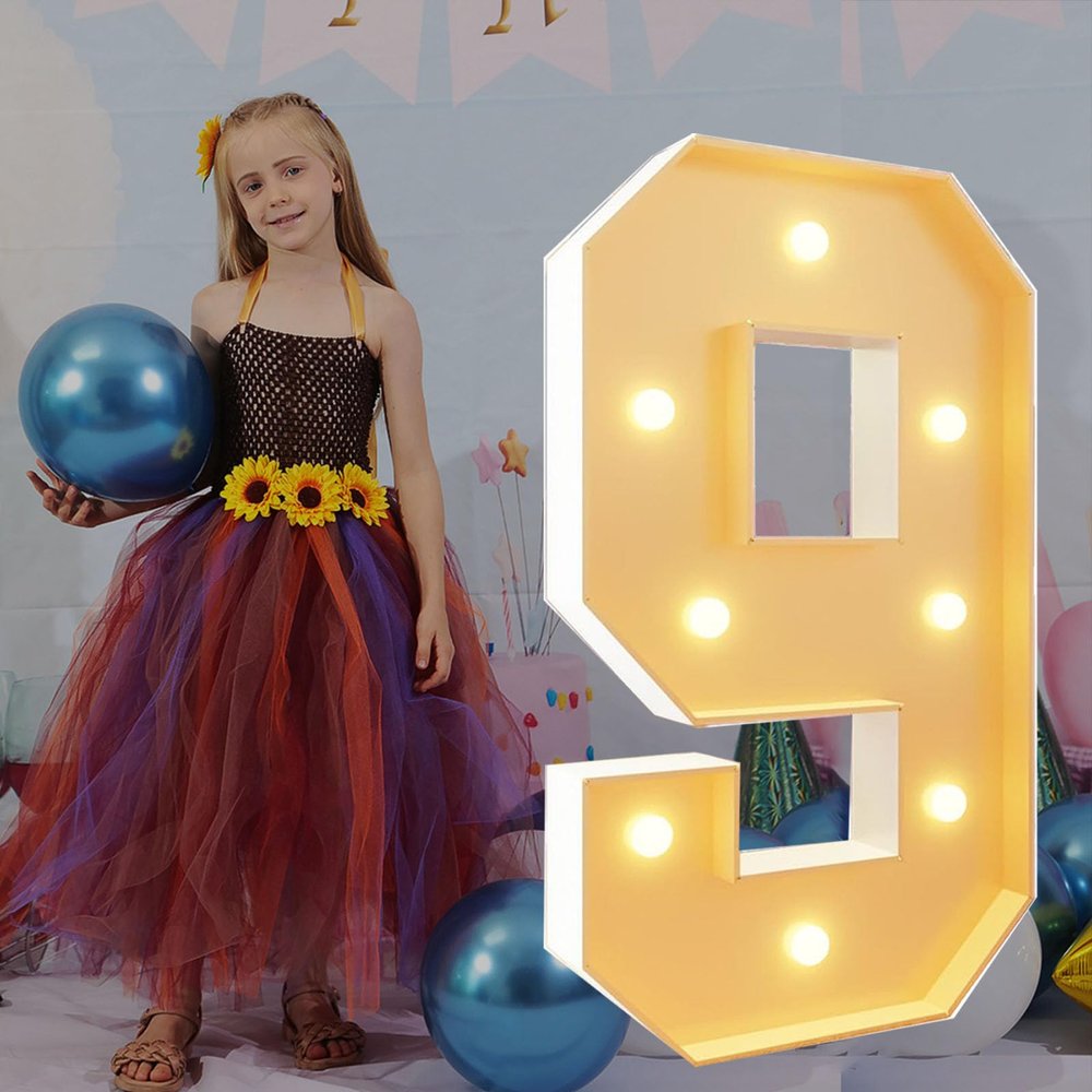 2.3Ft/70cm Tall Light Up Numbers 9 9th Birthday Decoration Pre-cut Frame Foam Cardboard Kit Large Mosaic Numbers for Party Decor Wedding Baby Shower