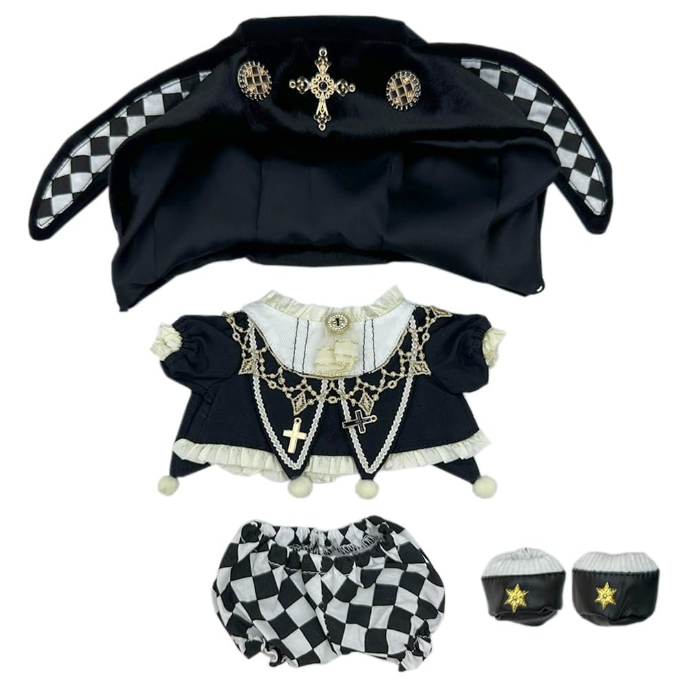 niannyyhouse Hat Coat Plaid Pants Shoes 10cm 15cm 20cm Plush Doll Black Golden Outfit Dress Up Accessories (Black-15cm)