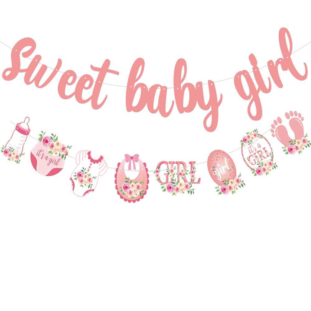 Pre-Strung Baby Shower Sweet Baby Girl Banner | Rose Gold Glittery Letters | Gender Reveal & Sprinkle Decorations