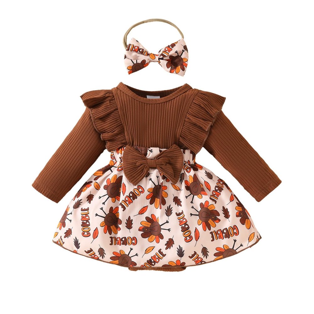0 18 Months Baby Girl Fall Winter Outfit Long Sleeve Peplum Bow Romper Dress Jumpsuit Clothes with (Brown, 9-12 Months)