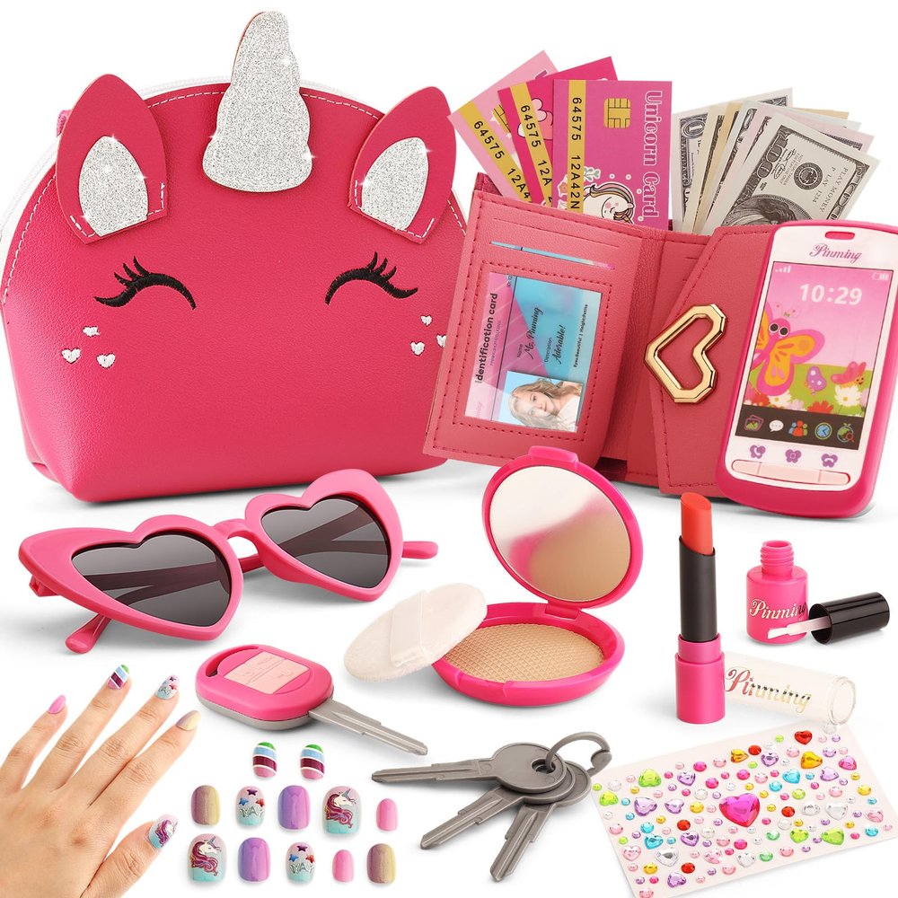 Toddler Purse for Little Girls 3-5 with Pretend Makeup Kit | Unicorn Kids Purse Accessories Play Fake Make up Set | Birthday Gifts for 4-6 Year Old Princess Toys