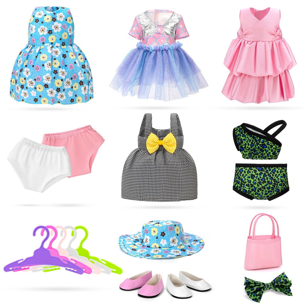 Zecckige 18 inch Doll Clothes and Accessories for American 18 Inch Dolls Girl Clothing Gift, 18Pcs Complete Set Clothing with Outfits, Dress, Shoes, Swimsuit, Underwear, Hat, Handbag, Clothes Hangers