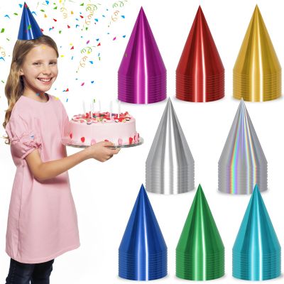 HEYTIMI 40/80 Pcs Metallic Cone Birthday Party Hats Bulk Set with Elastic String, 8 Assorted Colorful Celebration Headwear for Kids, Adults, New Year, Christmas, Holiday Events
