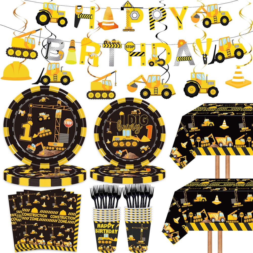 132 Pcs Construction 1st Birthday Party Supplies Dump Truck Theme One Tableware Includes Hanging Swirl, Banner, Plates, Cups, Tablecloth for Boys Im Digging Being 1 Birthday Party Decorations Favors