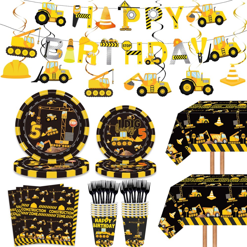 132 Pcs Construction 5th Birthday Party Supplies Dump Truck Theme Five Tableware Includes Hanging Swirl, Banner, Plates, Cups, Tablecloth for Boys Construction Five Years Old Bday Party Decorations
