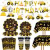 132 Pcs Construction 5th Birthday Party Supplies Dump Truck Theme Five Tableware Includes Hanging Swirl, Banner, Plates, Cups, Tablecloth for Boys Construction Five Years Old Bday Party Decorations view 1