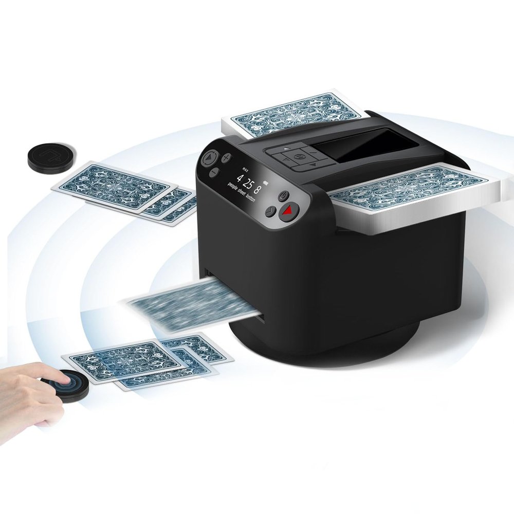 MXHACD 2 in 1 Card Dealer & Shuffler,Automatic Card Shuffler and Dealer,360 Rotating Card Dealing Machine with 4 Wireless Dealer Buttons,for UNO, Blackjack, Texas Hold'em(Color:Black)