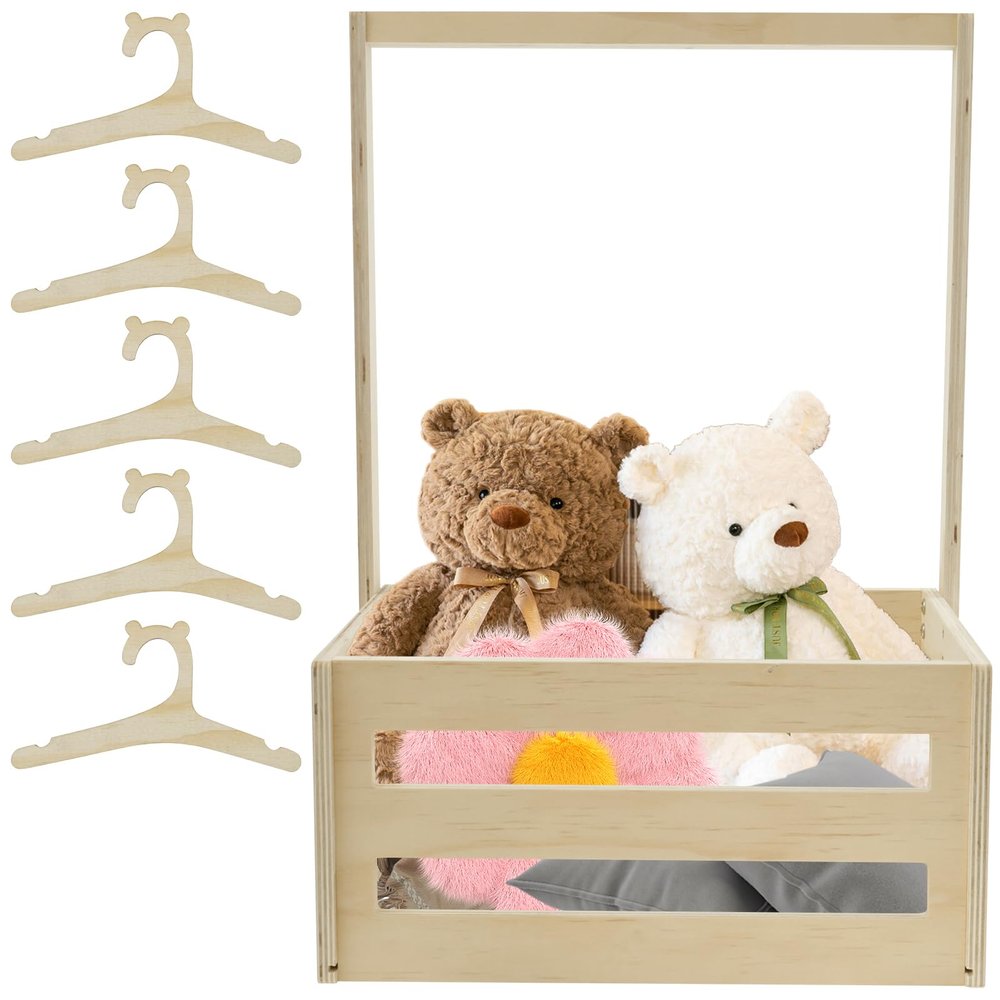 Abizarch Baby Shower Crate Closet Smooth Wood Baby Shower Basket with Portable Handle Large Capacity Baby Storage Crate with 5 Hangers for New Born Baby Shower