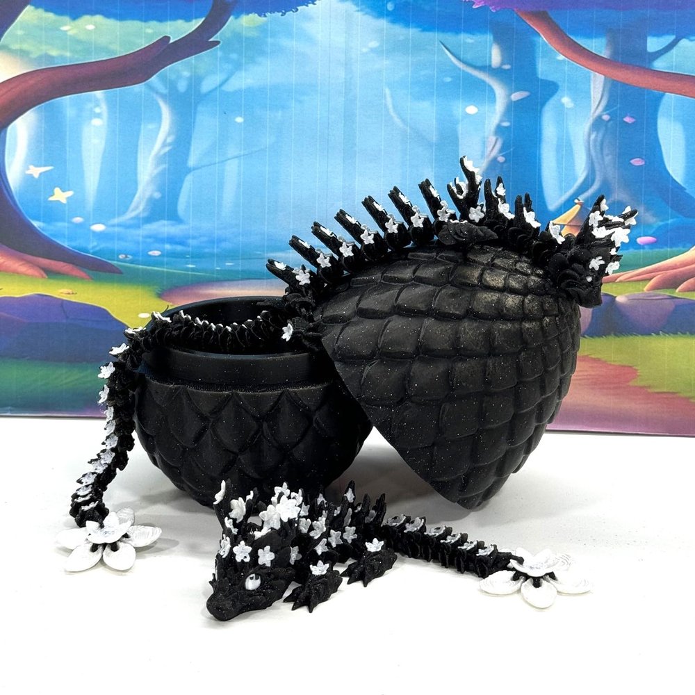 3D Printed, Cherry Blossom Dragon with Dragon Egg, Mother and Child Articulated Black and White Cherry Blossom Dragon, Fidget ADHD Toy MCDD019-BD004-BLK