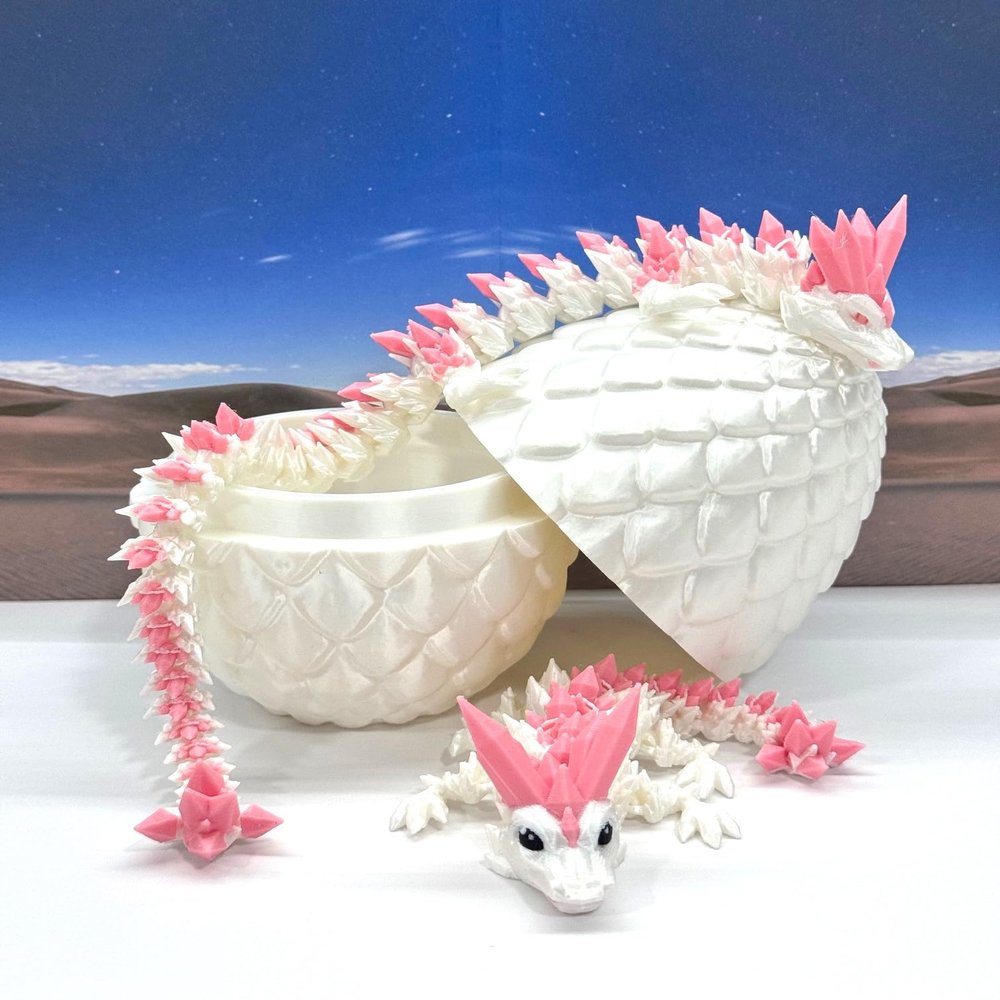 3D Printed Dragon with Dragon Egg, Articulated Mother and Child White and Pink Crystal Dragons, Fidget ADHD Autism Toy, Executive Desk Toy MCDD062WP-BD007WP-CRY