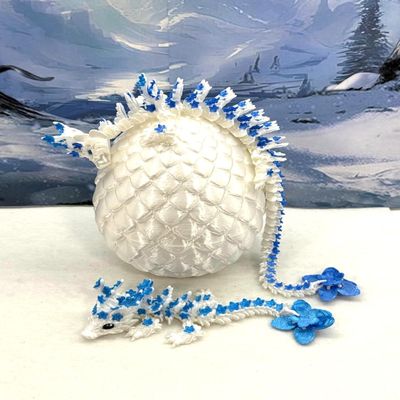 3D Printed, Cherry Blossom Dragon with Dragon Egg, Mother and Child Articulated White and Blue Cherry Blossom Dragon, Fidget ADHD Toy MCDD017WB-BD004-WB-WE