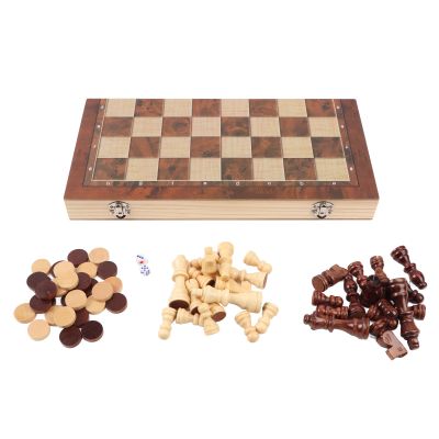 3 in 1 Wooden Chess Checkers Set Portable Chess Checkers Game Set with Wooden Folding Board for Kids Adults