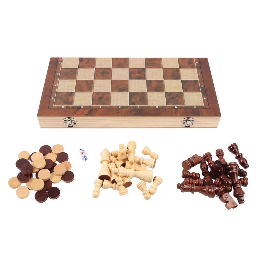 3 in 1 Wooden Chess Checkers Set Portable Chess Checkers Game Set with Wooden Folding Board for Kids Adults