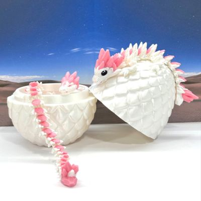 3D Printed Dragon with Dragon Egg, Articulated Mother and Child White and Pink Gemstone Dragons, Fidget ADHD Autism Toy, Executive Desk Toy MCDD063WP-BD007WP-GEM