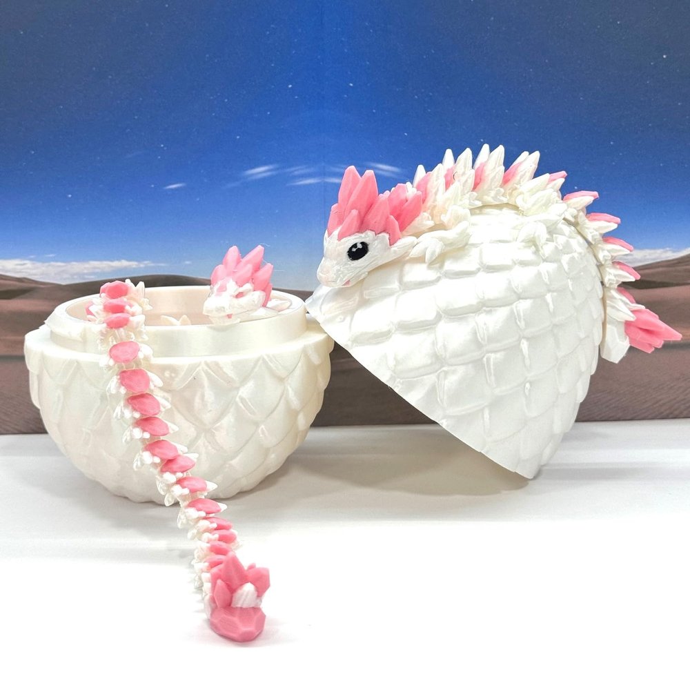3D Printed Dragon with Dragon Egg, Articulated Mother and Child White and Pink Gemstone Dragons, Fidget ADHD Autism Toy, Executive Desk Toy MCDD063WP-BD007WP-GEM