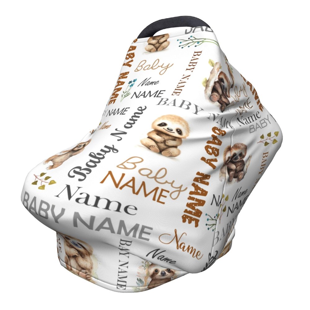 Personalized Car Seat Covers for Babies with Name, Custom Sloth Canopy Carrier Cover, Breathable Nursing Cover for Breastfeeding, Stretchy Multi-Use Infant Carseat Stroller Cover